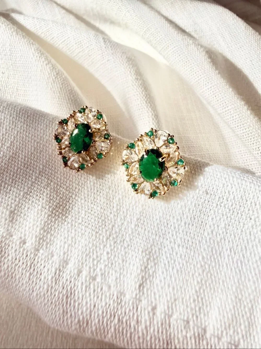 Emerald Green Cubic Zirconia Oval Halo Stud Earrings Gold Tone